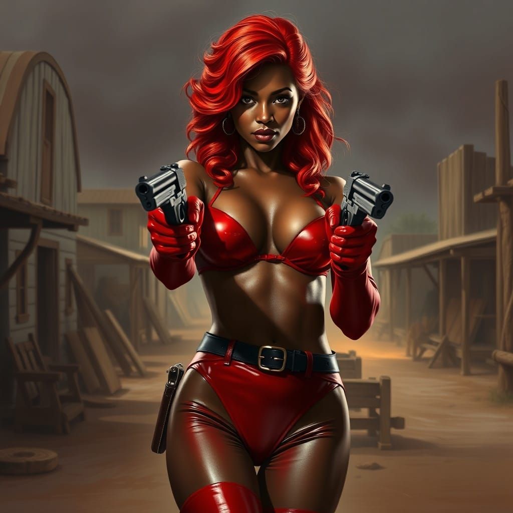 Red Latex Cowgirl Aims Guns in Hyperrealistic Western Villag...
