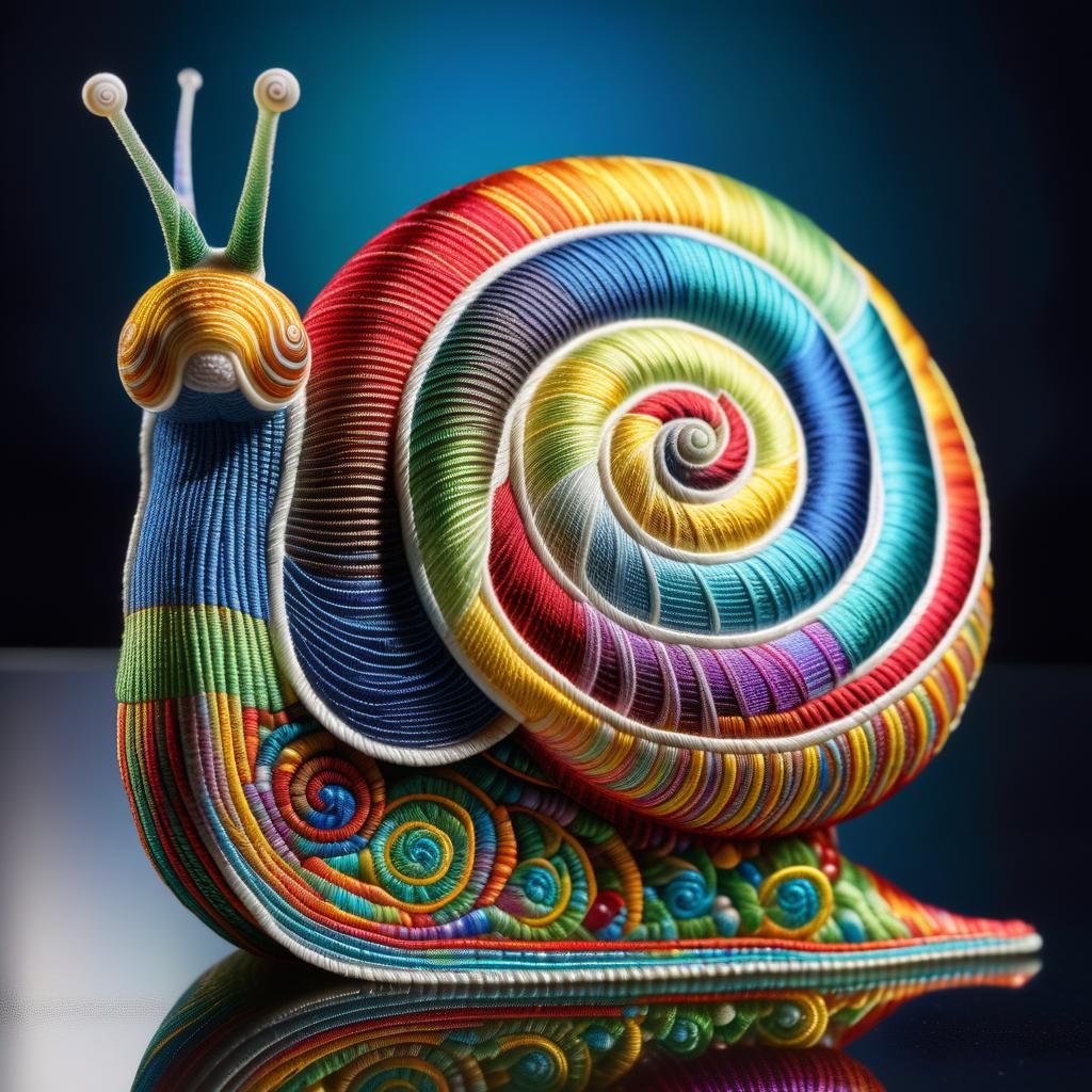 Intricate Multicolored Thread Snail on Mirrored Surface
