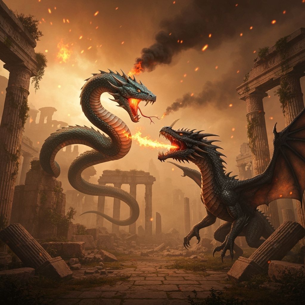 Epic Serpent and Dragon Battle in Ancient Ruins