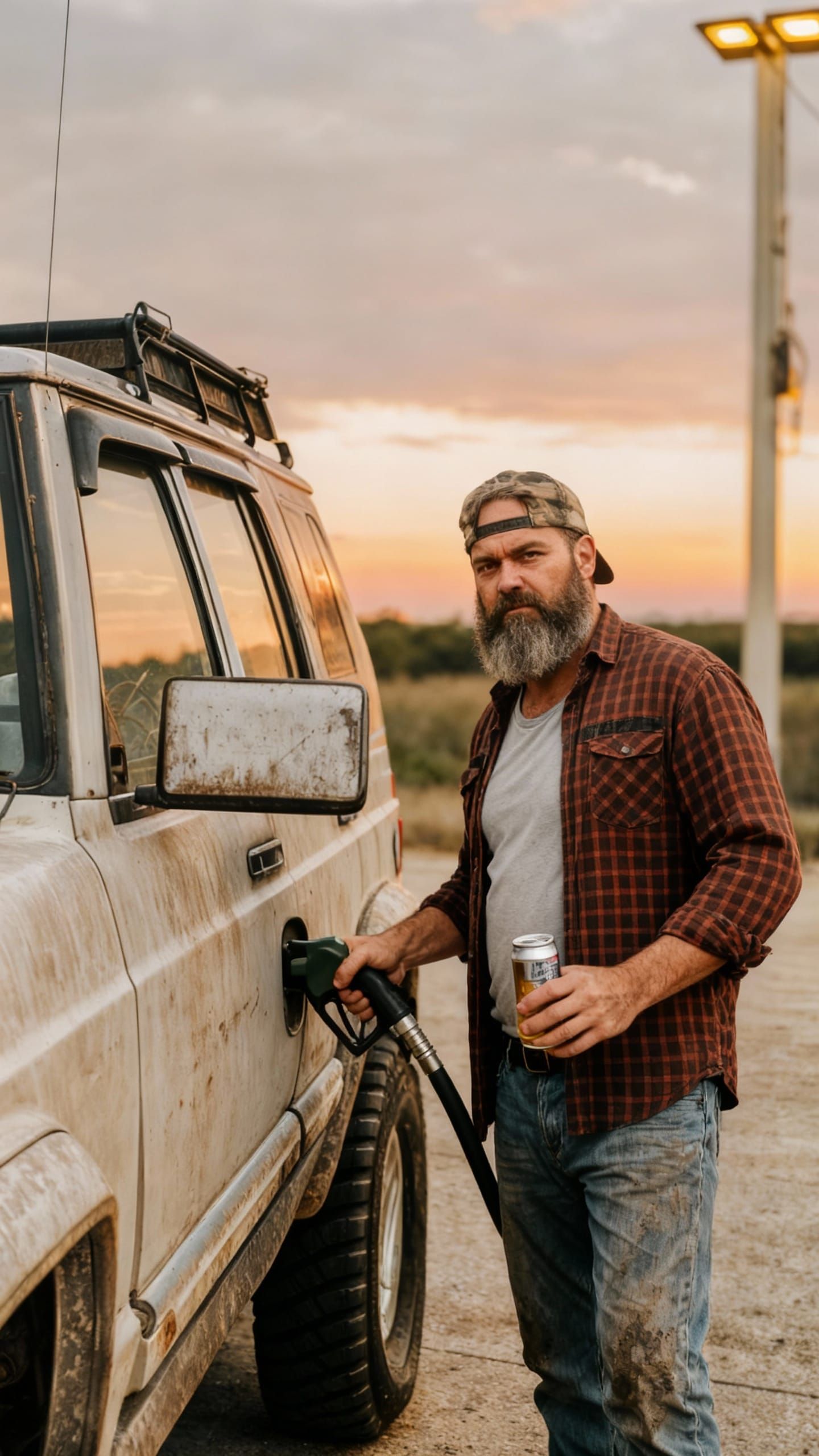 Annoyed Man with Beer Holds Gas Nozzle in Jeep Tank