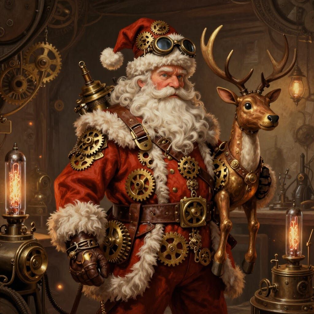 Steampunk Santa Claus with Mechanical Reindeer in Workshop