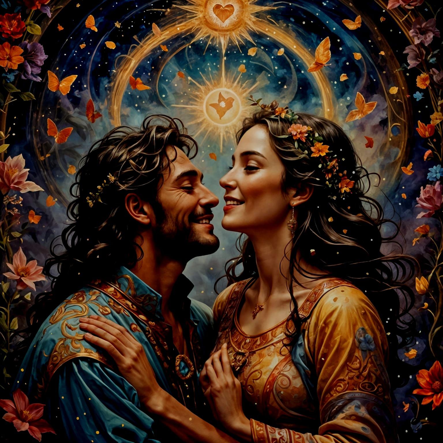 Mystical Joyful Man and Woman Embrace