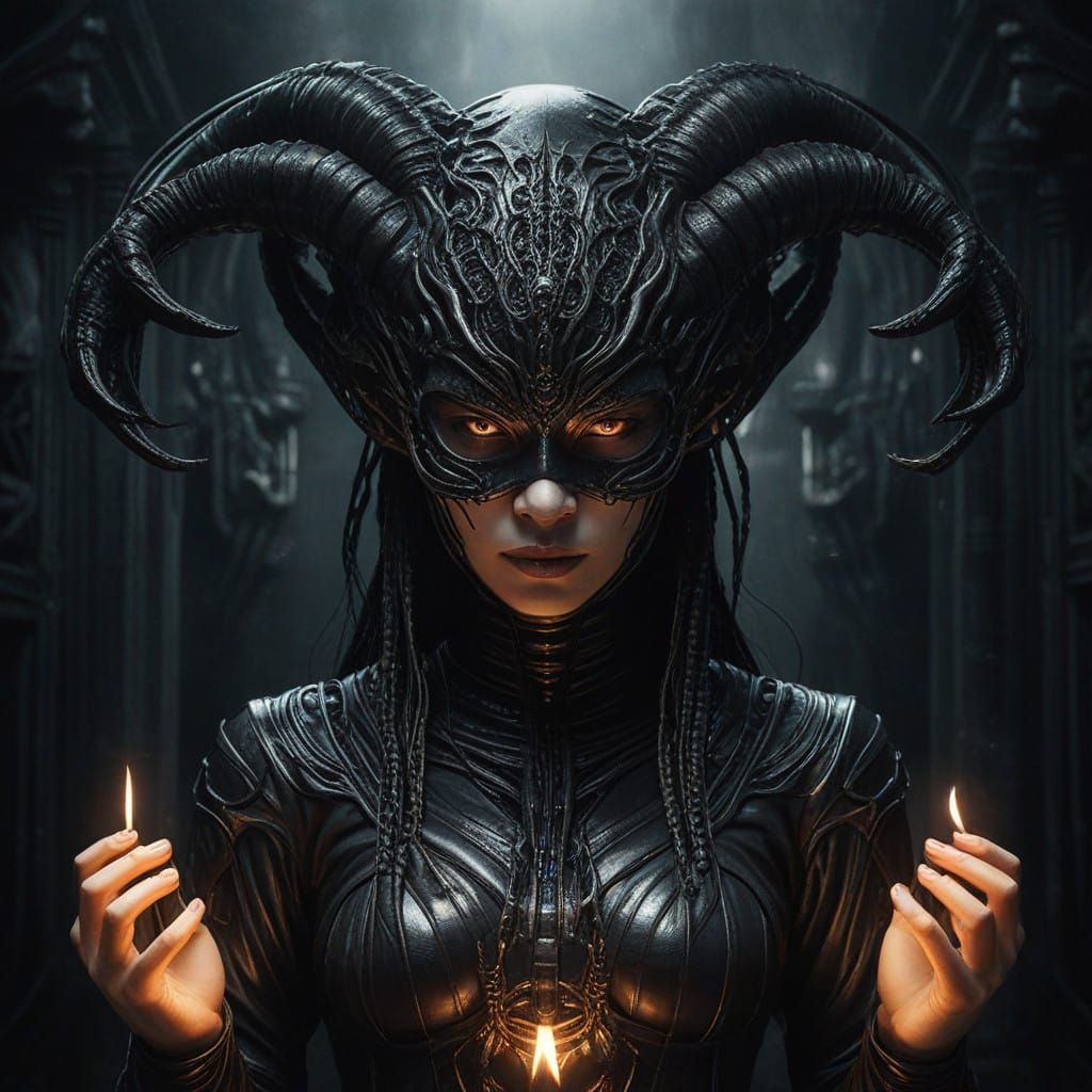 Elegant, Sinister Asian Demon Levitates with Mask