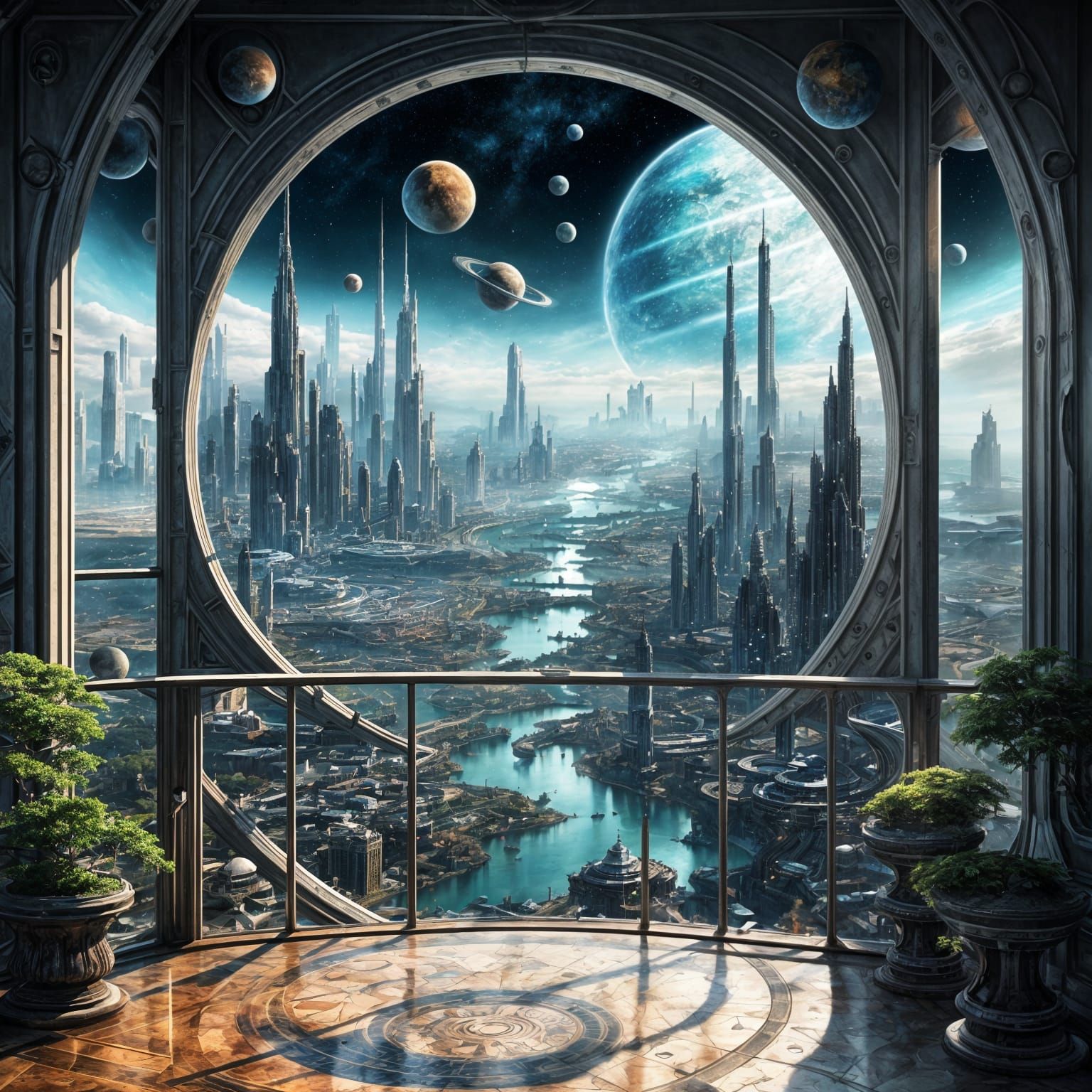 Sci-Fi City Balcony View with Planets