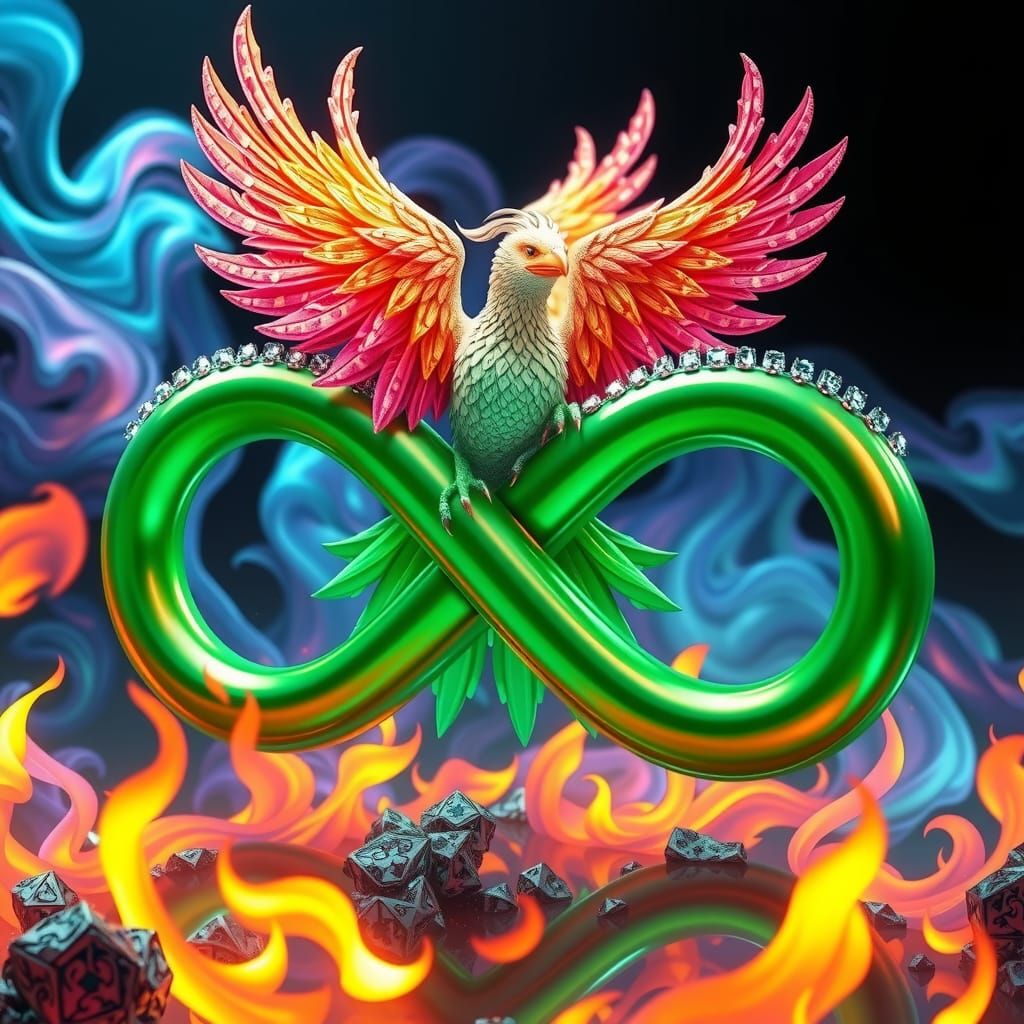 Iridescent Phoenix Rising from Rainbow Flames