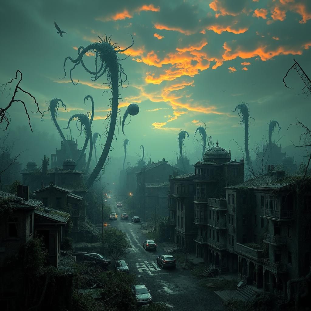 Dystopian Triffid Landscape in Post-Apocalyptic Cityscape