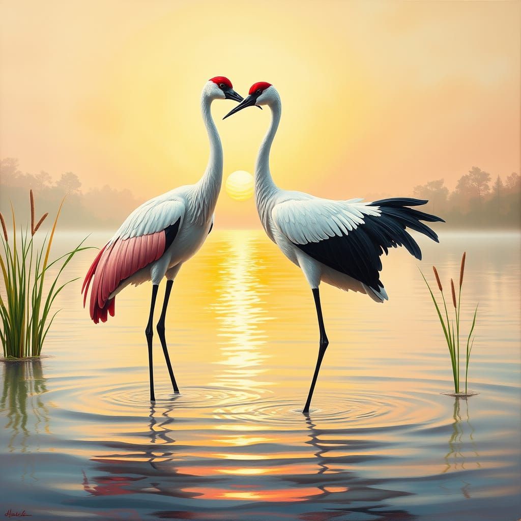 Majestic Red-Crowned Cranes in Shallow Water