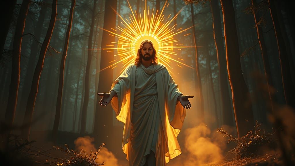 Jesus in Neon Forest with Golden Halo