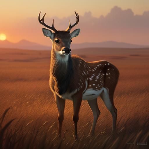 Deer in Red Grass Field at Sunset
