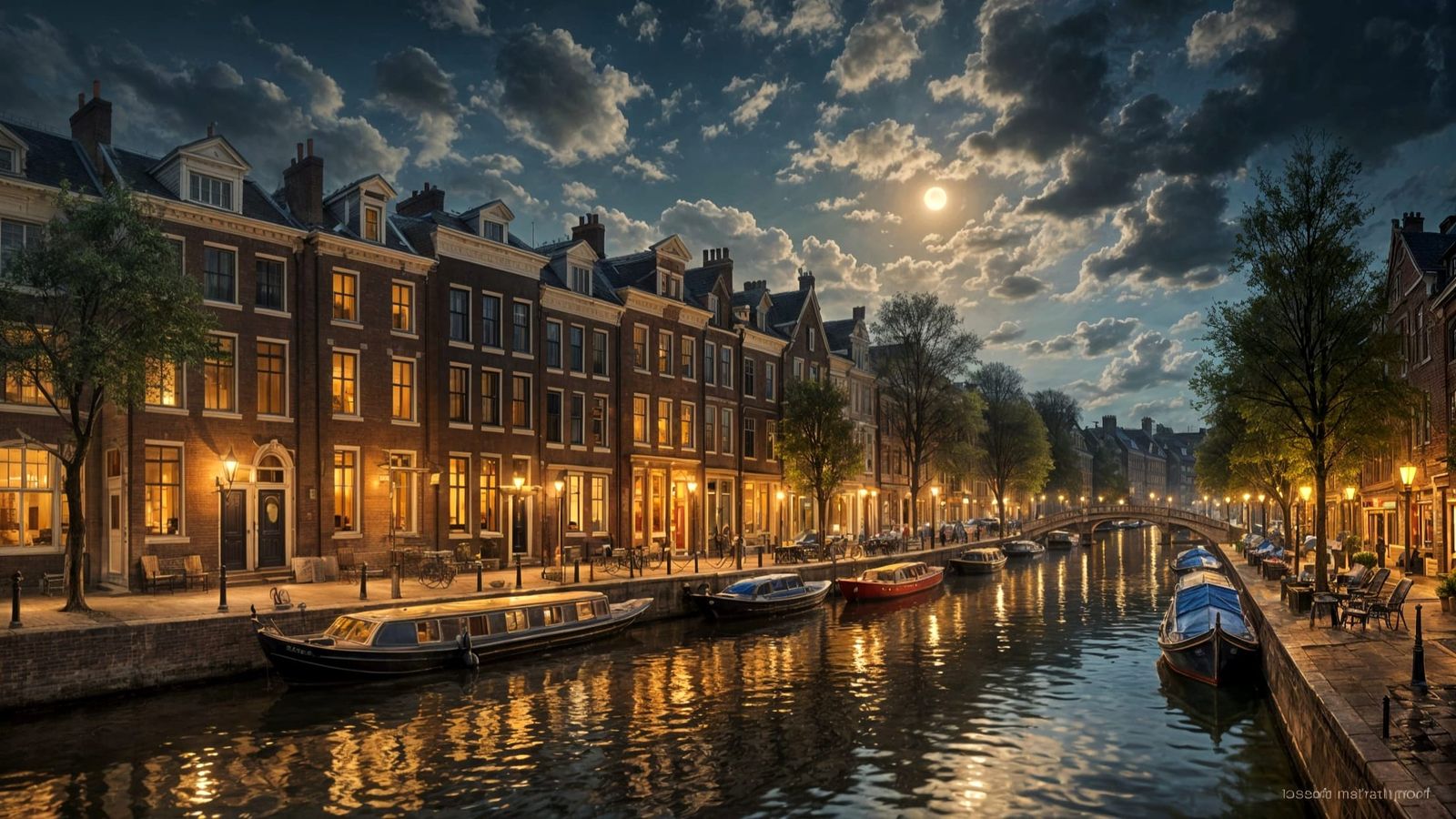 Amsterdam Canal at Night: Glistening Reflections