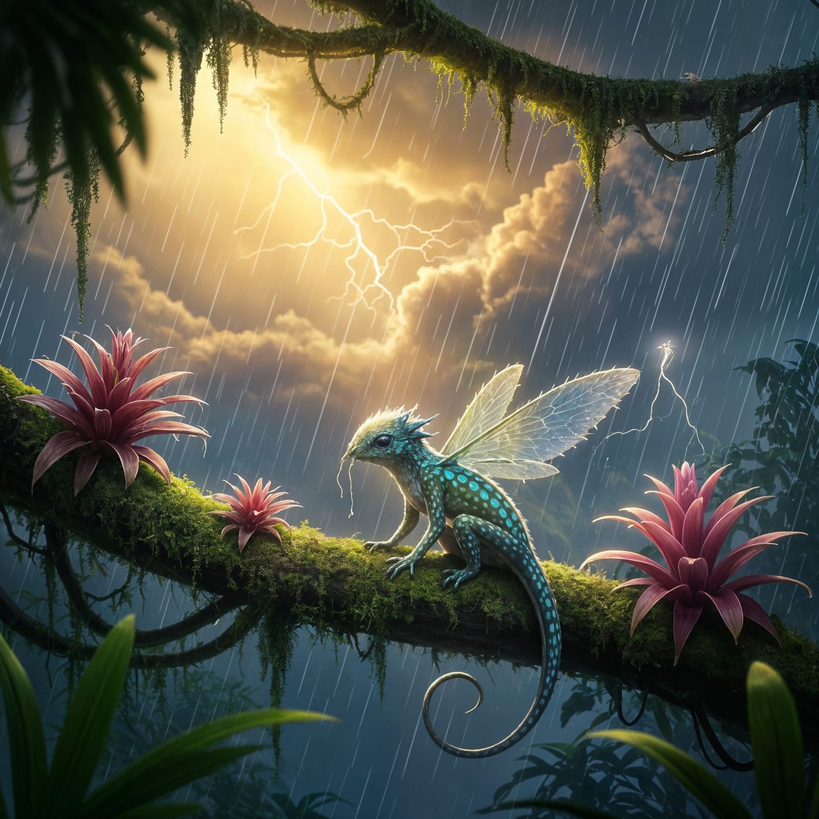 Mythical Rainforest Creature with Bioluminescent Petal Wings