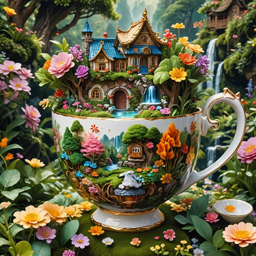 Fairy Village Landscape Inside a Teacup