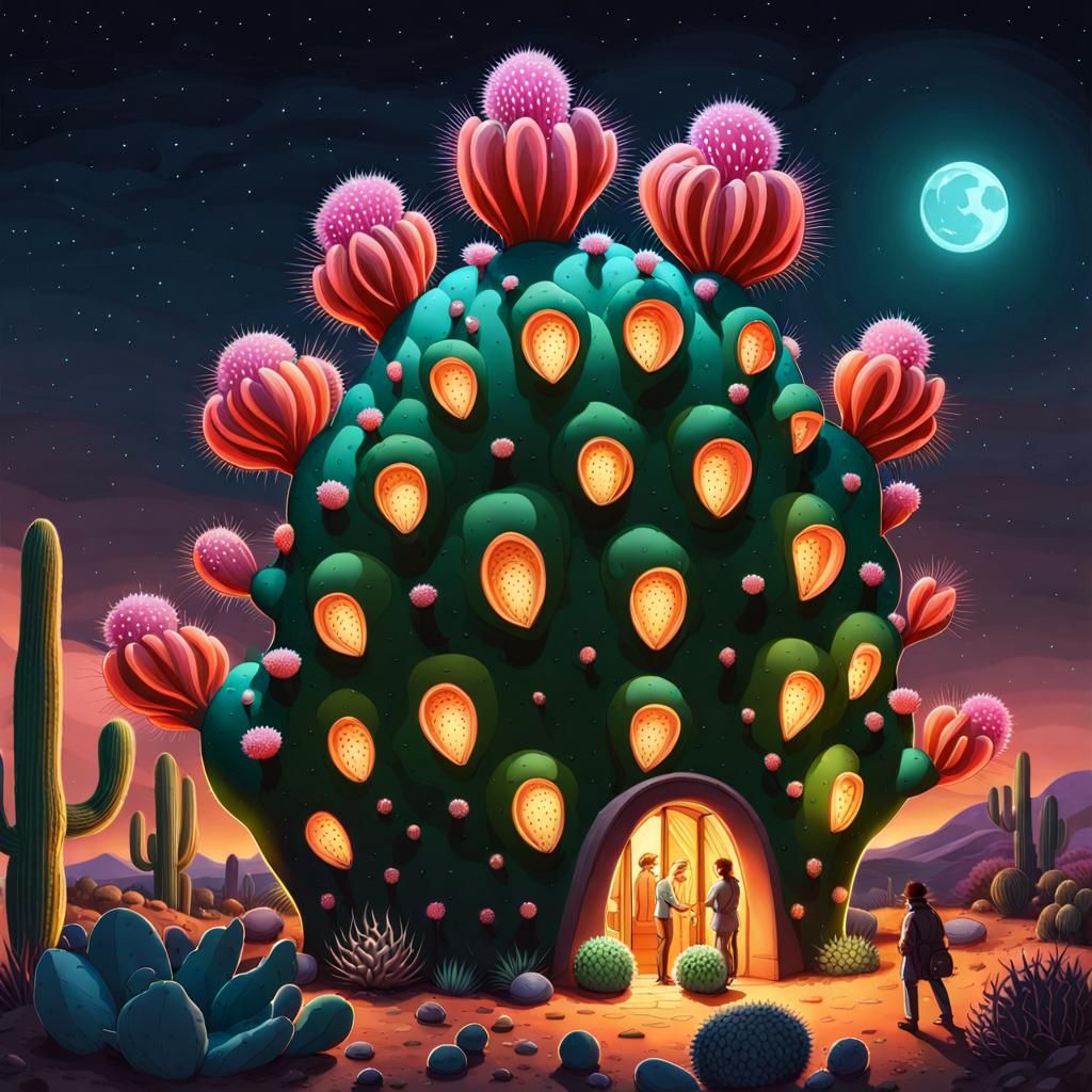 Bioluminescent Cactus Apartment Complex at Night
