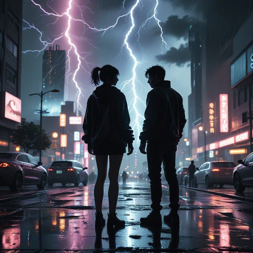 Suffering Couple Silhouette in Stormy Cityscape