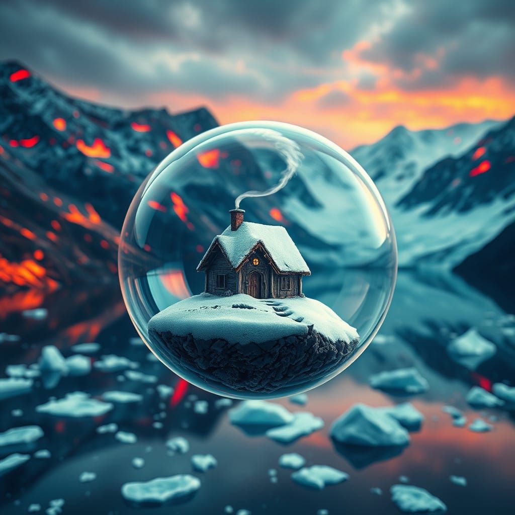 Mystical Soap Bubble Village Amidst Fiery, Frozen Landscape