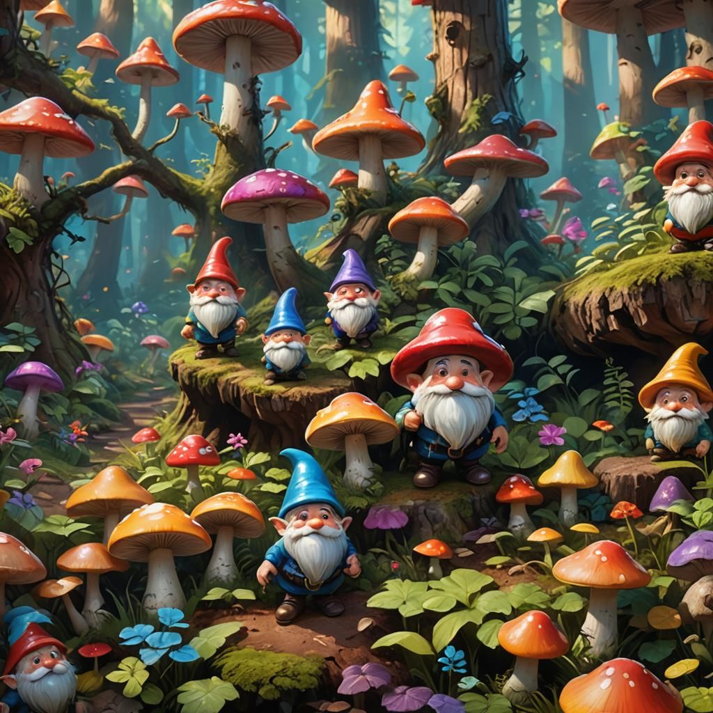 Gnomes in Mushroom Homes: Pixar-Style 3D Art