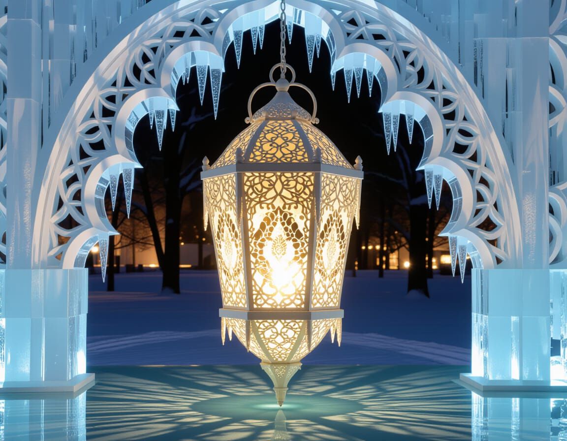Glowing Ice on Fire Antique Lace Lantern in Mirrored Outdoor...