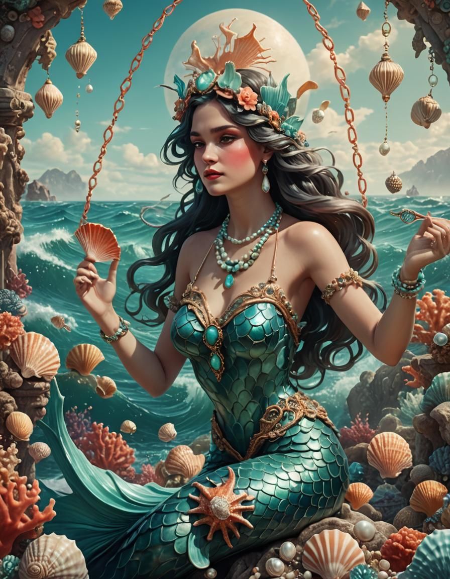 Vintage 1920s Mermaid in Coral and Aqua Colors