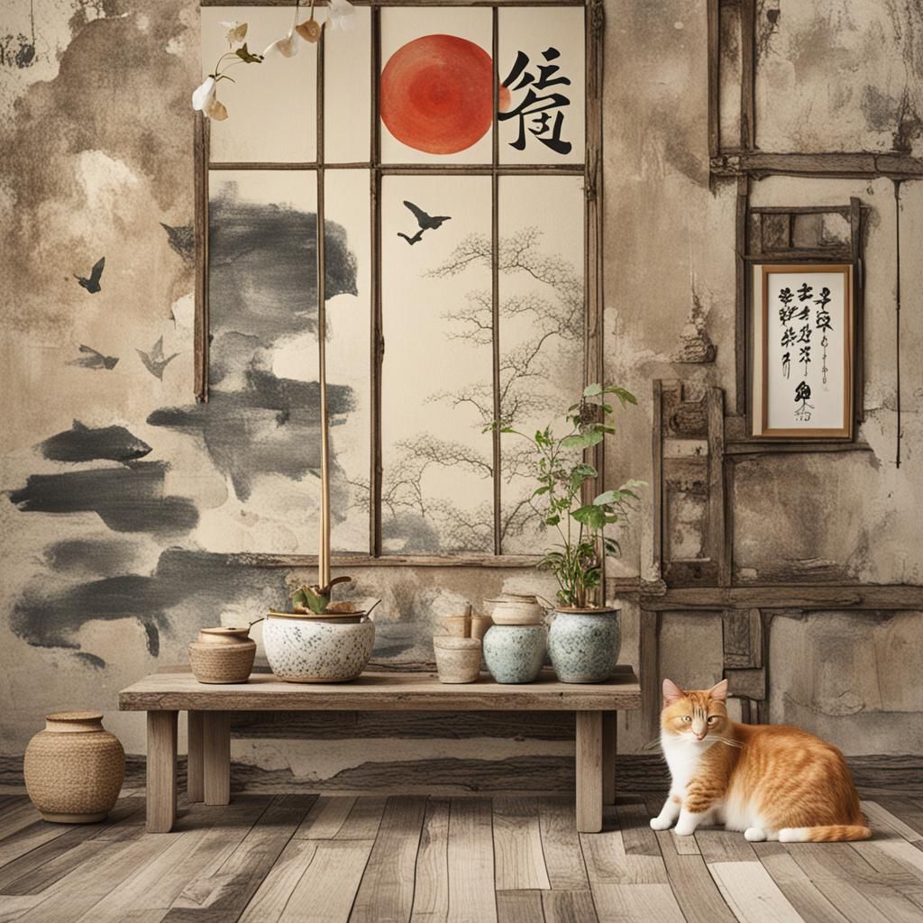 Wabi-Sabi Cat in Feng Shui Interior