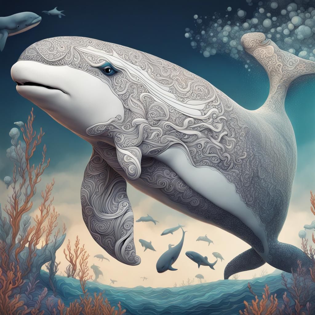 Zentangle Beluga Whale in Detailed Matte Painting