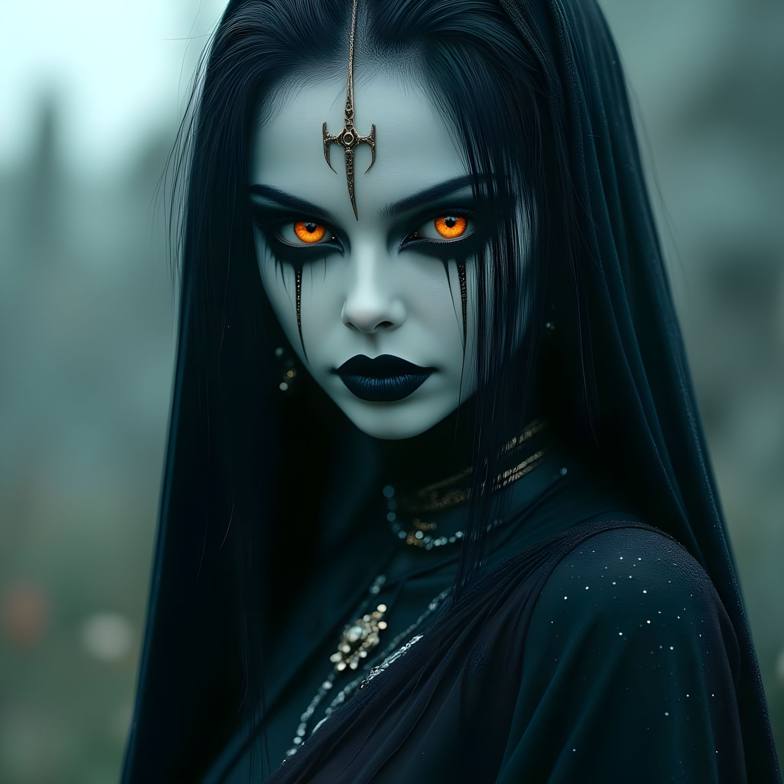 Gothic Necromancer Portrait in Moonlit Graveyard