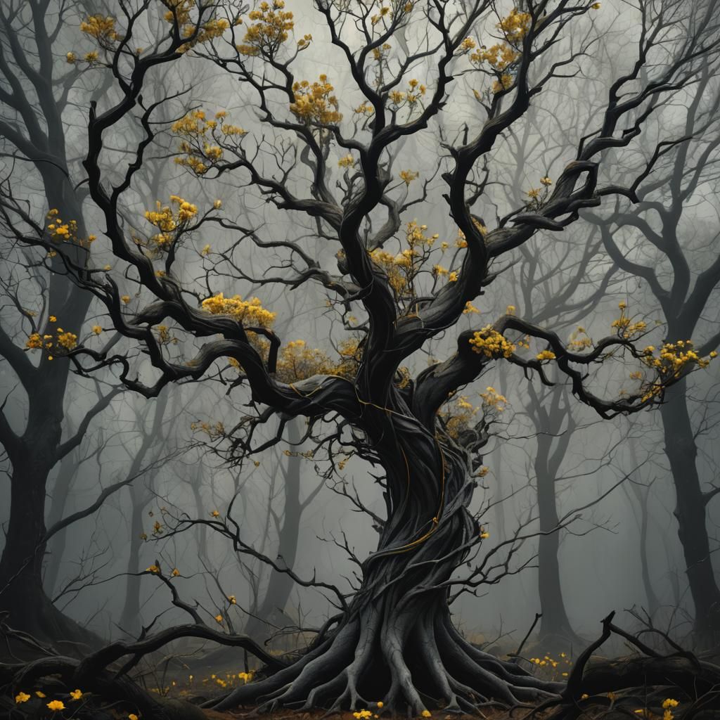 Eerie Tree with Yellow Flowers in Dark Forest