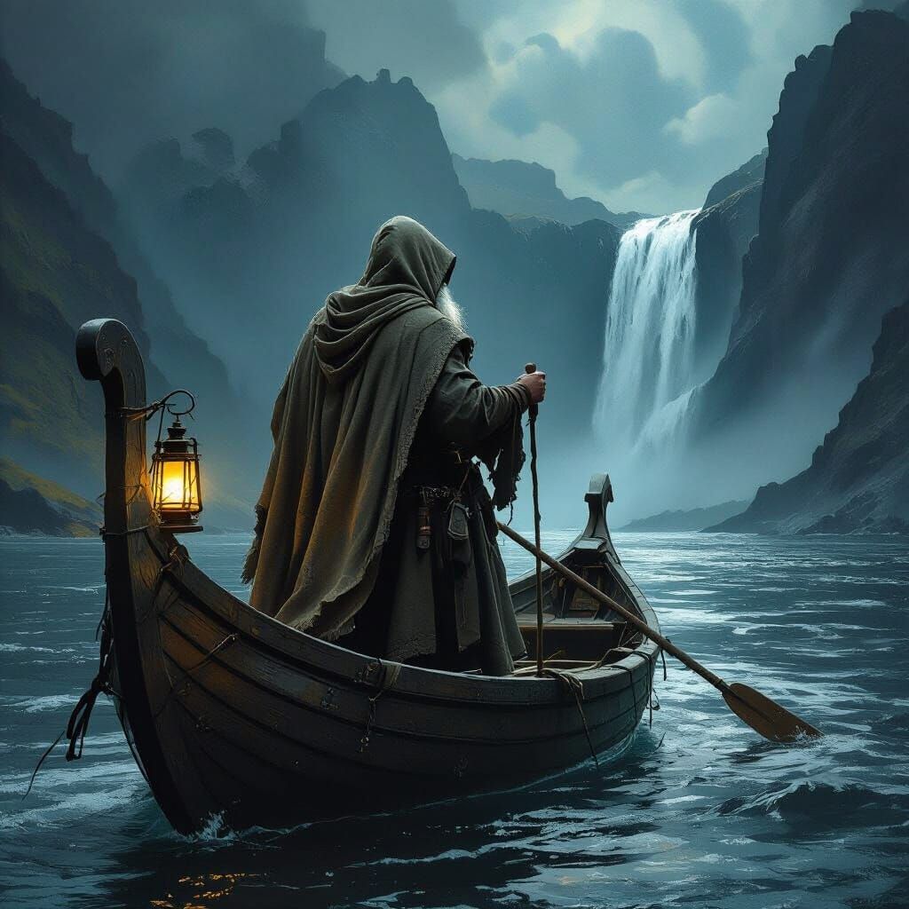 Viking Boatman in Fjord at Night, Atmospheric Lighting
