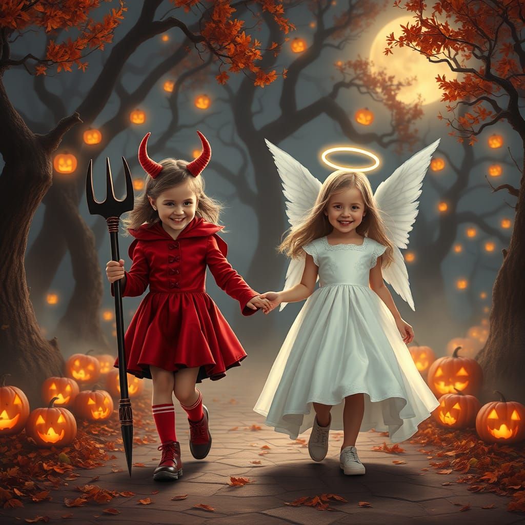 Twin Little girls dressed as a devil and an angel going tric...