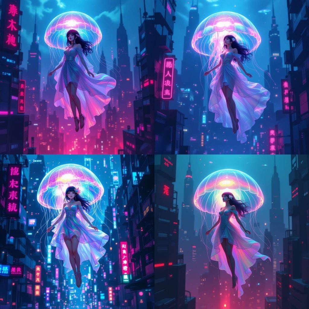 Jellyfish Girl Over Neon Cityscape