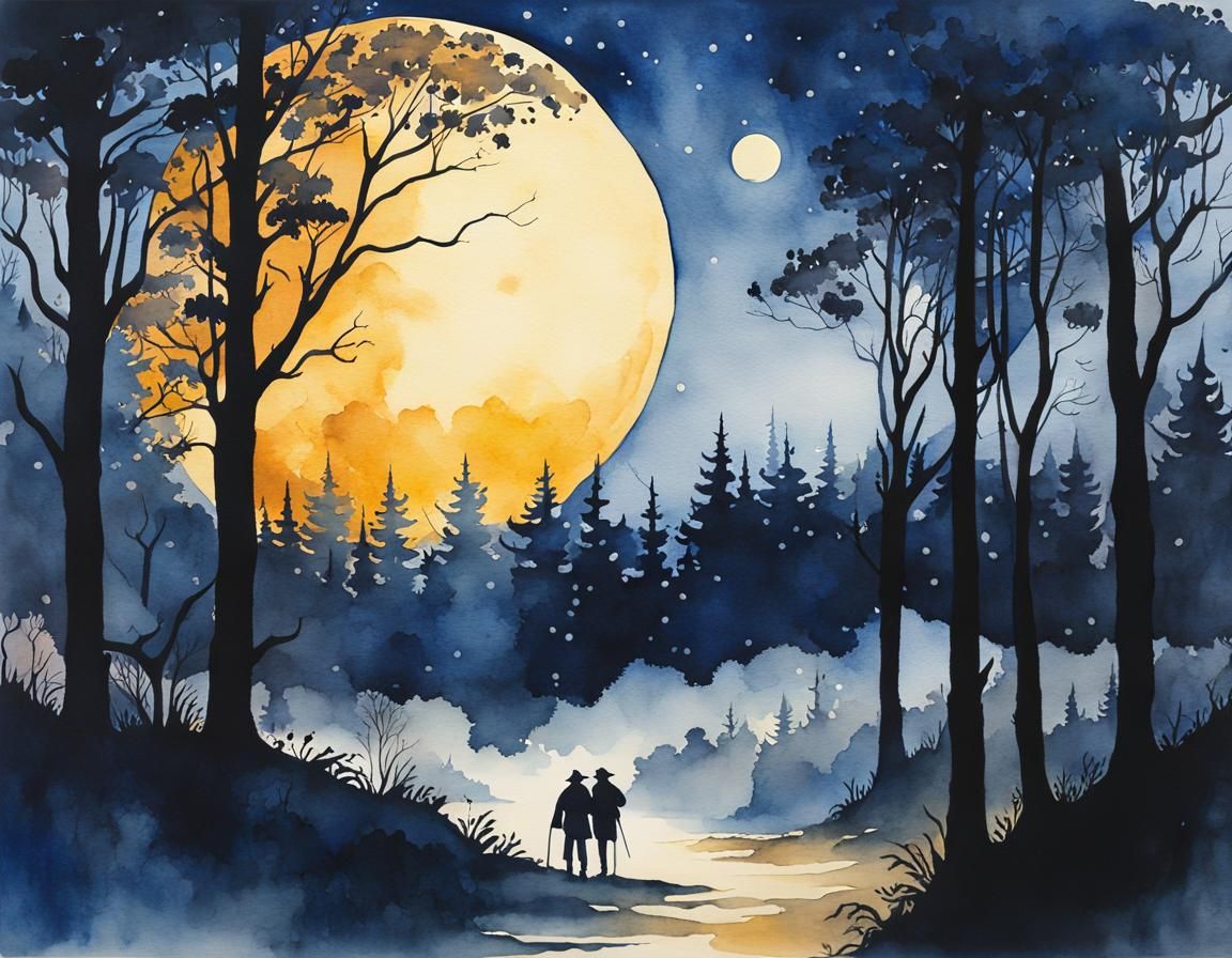 Moonlit Hunters in Forest: Watercolor and Ink