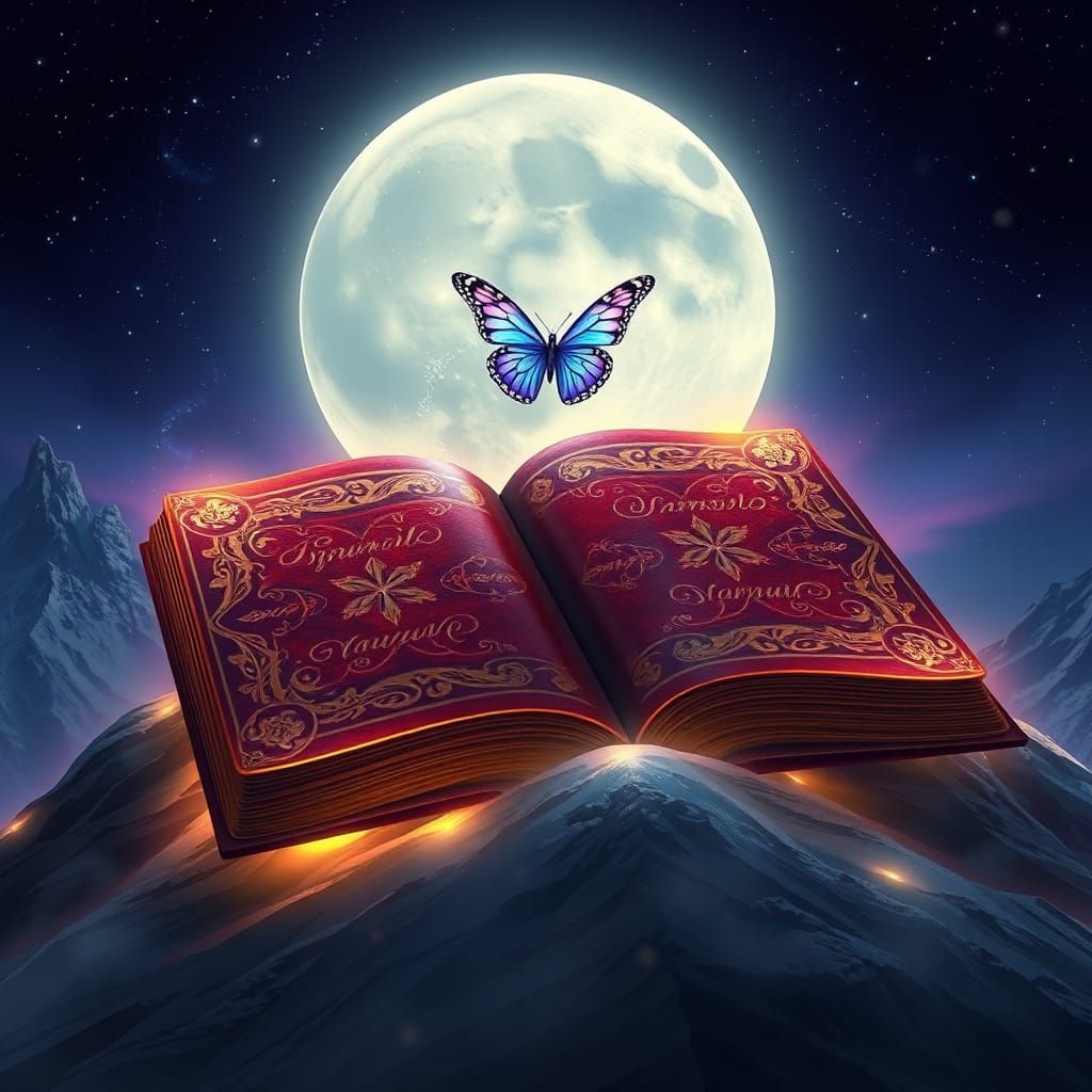 Magical Book with Butterfly on Moonlit Peak