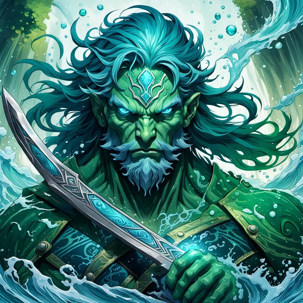 Water Elemental Warrior in Art Nouveau Style