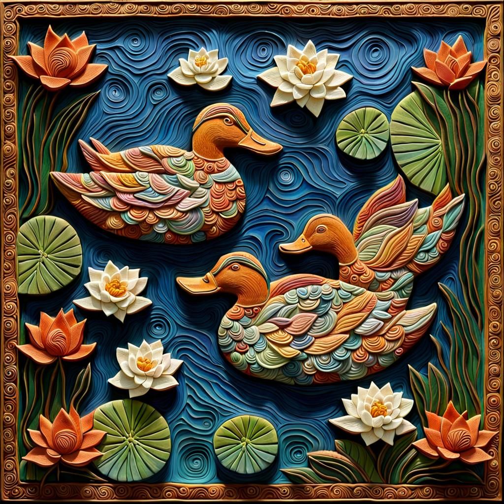 Ducks in Lily Pond: Trapunto Clay Art