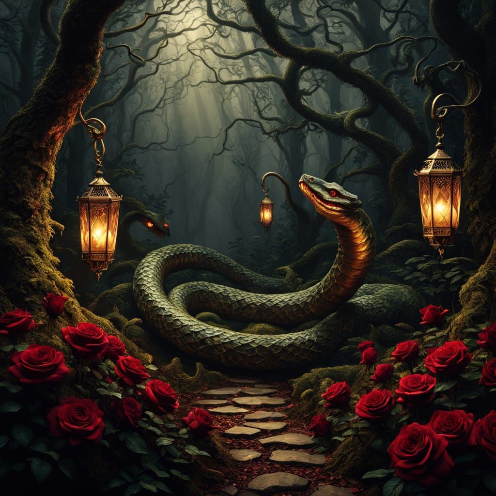 Serpent in a Mysterious, Golden-Lit Forest