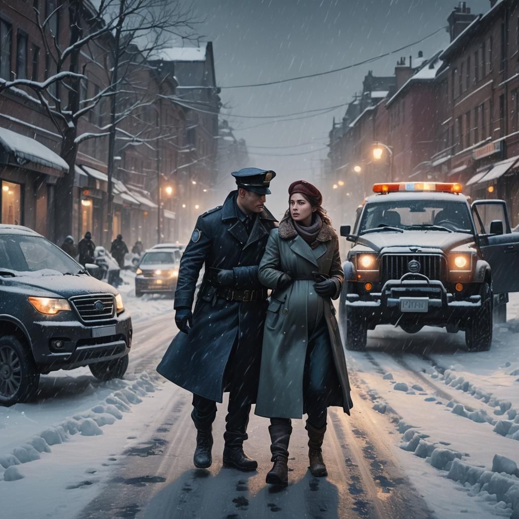 Policeman Helping Pregnant Woman on Icy Road
