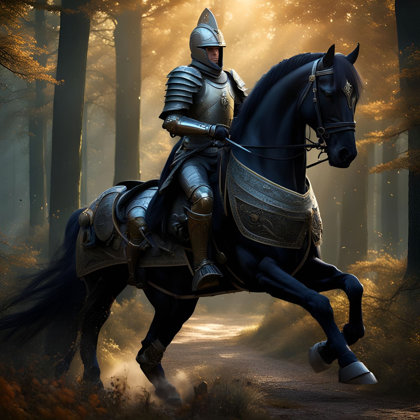 Knight in Armor on Friesian Horse in Forest