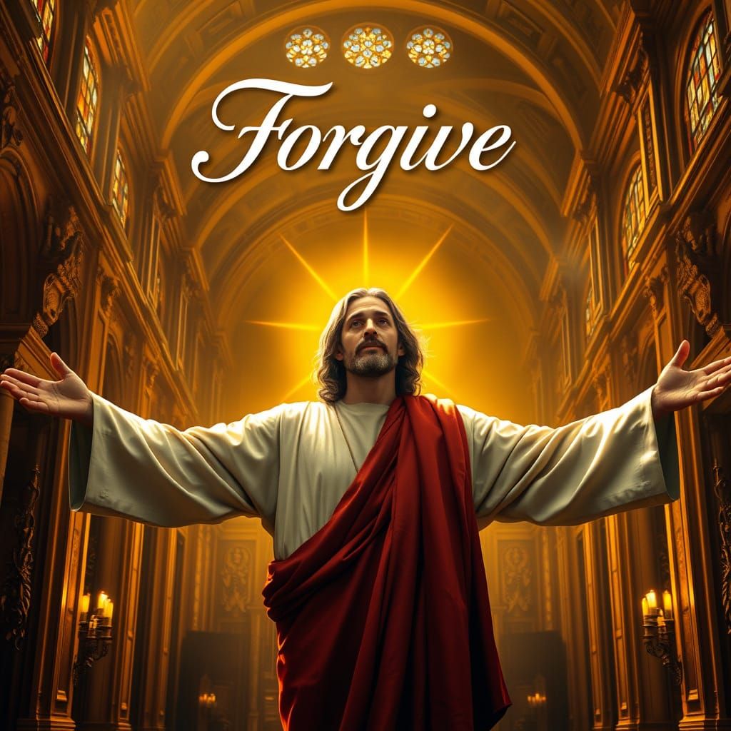 Jesus Embracing Humanity with Open Arms in a Golden Church