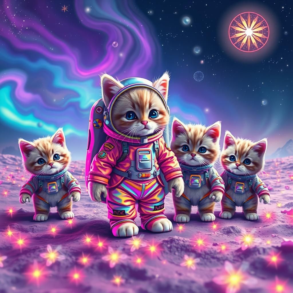 Kitten Astronaut Family on Radiant Lunar Surface