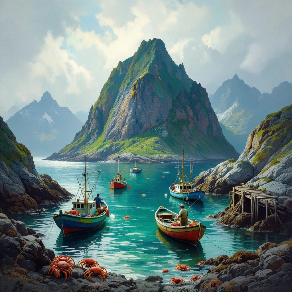 Emerald Island Harbor with Fishing Boats and Crabs