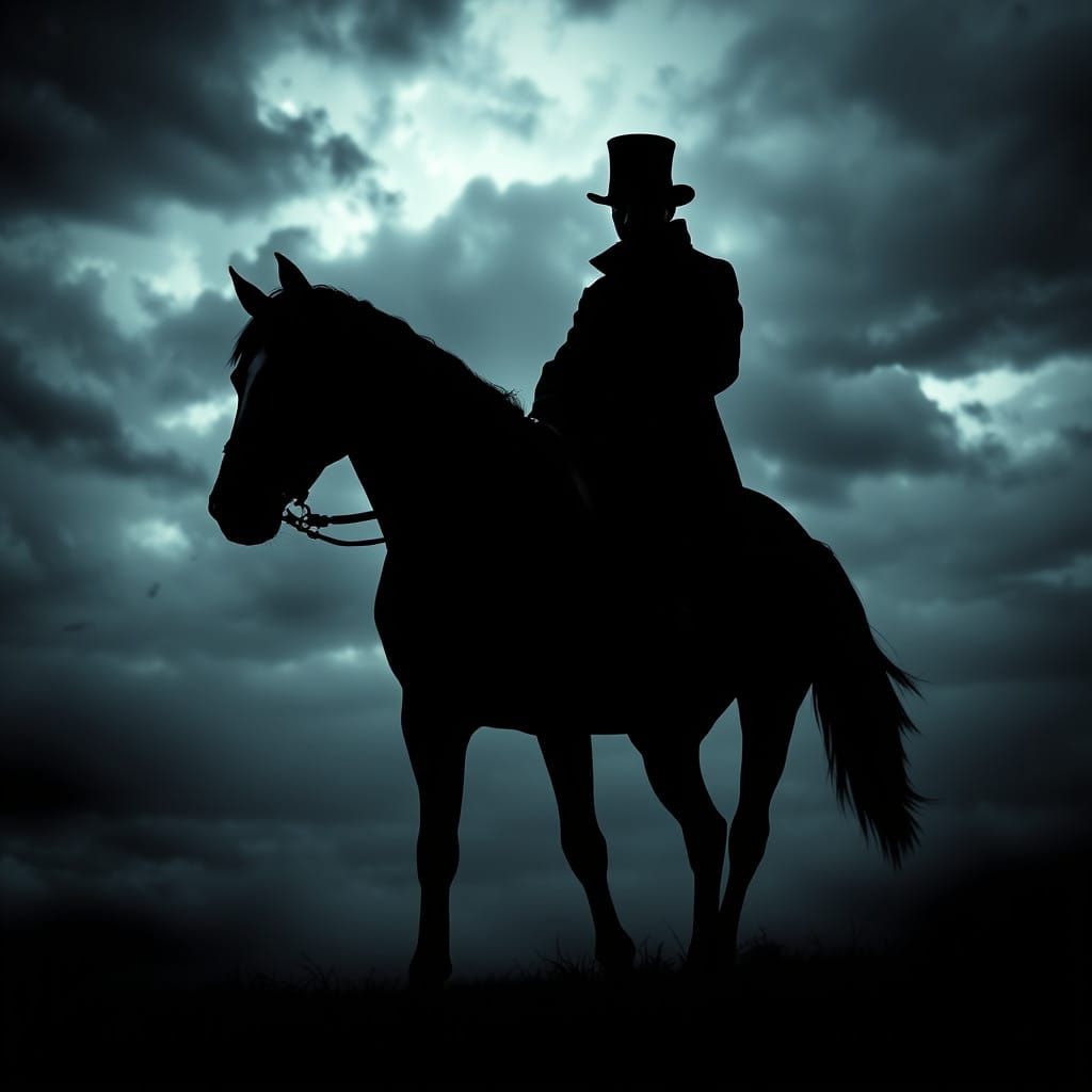 Gothic Rider in Monochromatic Stormy Landscape