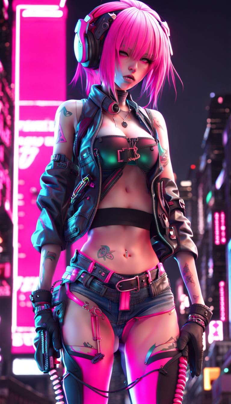 Cyberpunk Anime Girl with Pink Hair in Neon City