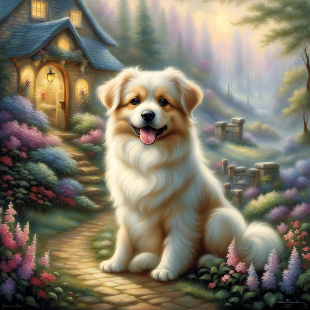 Ethereal Cute Dog Hybrid in a Fantasy Landscape