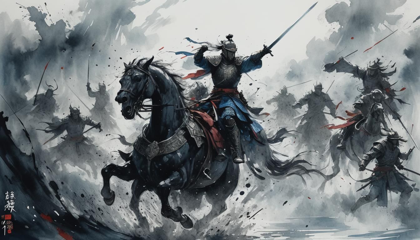 Epic Chinese Warrior in Ink Painting Style