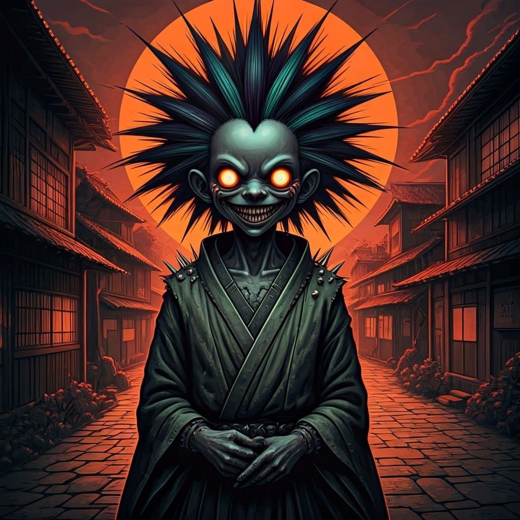 Punk-Inspired Ukiyo-E Woodblock Print of a Man with Spiky Ha...