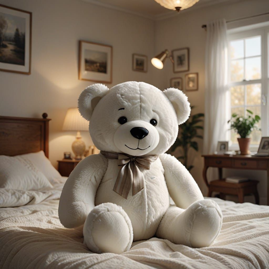 Giant White Teddy Bear in Cozy Bedroom, Photorealistic