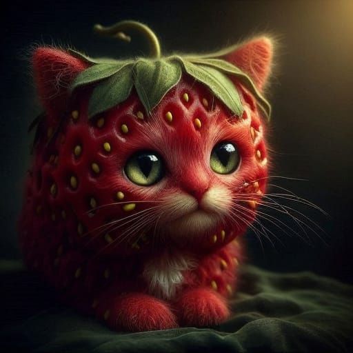 Surreal Strawberry Kitten in Whimsical Gothic Fantasy