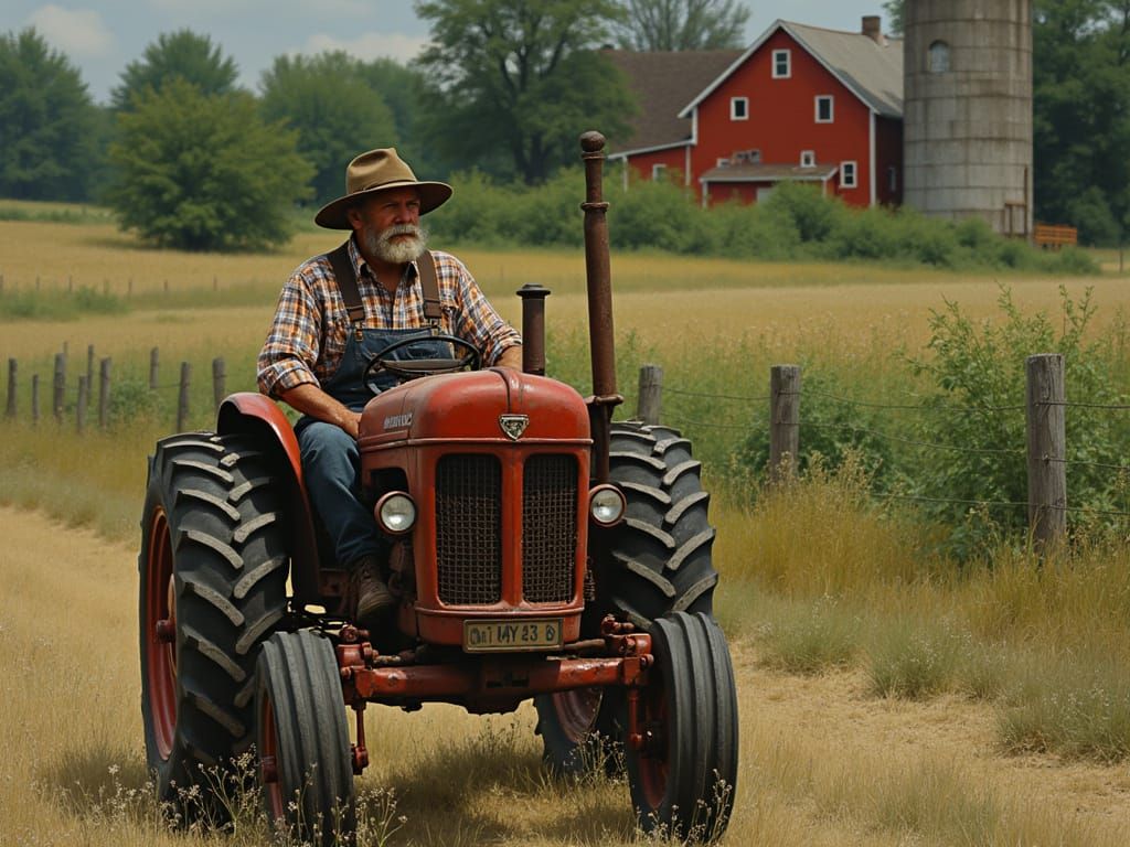 Rustic Farmer on Tractor, Impressionistic Rural Scene