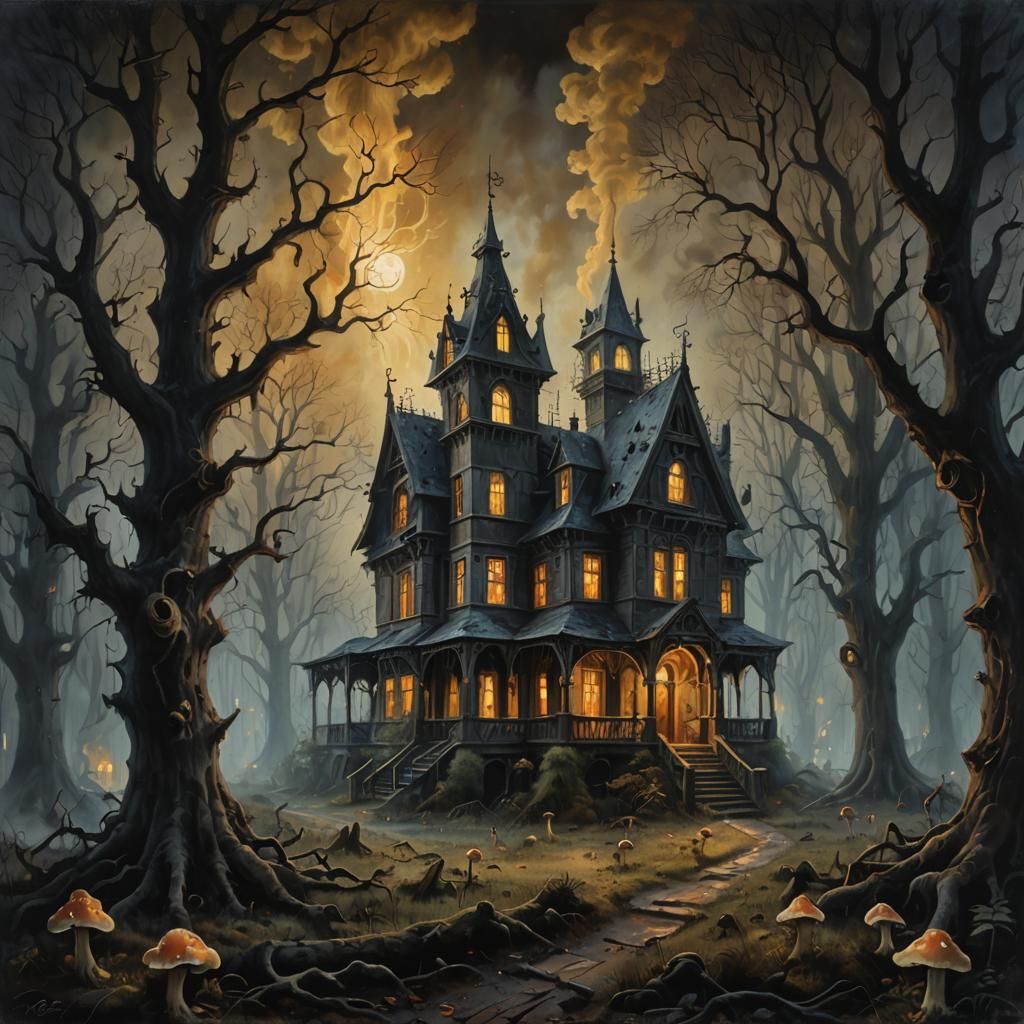 Gothic Haunted House Covered in Foxfire Ectoplasm