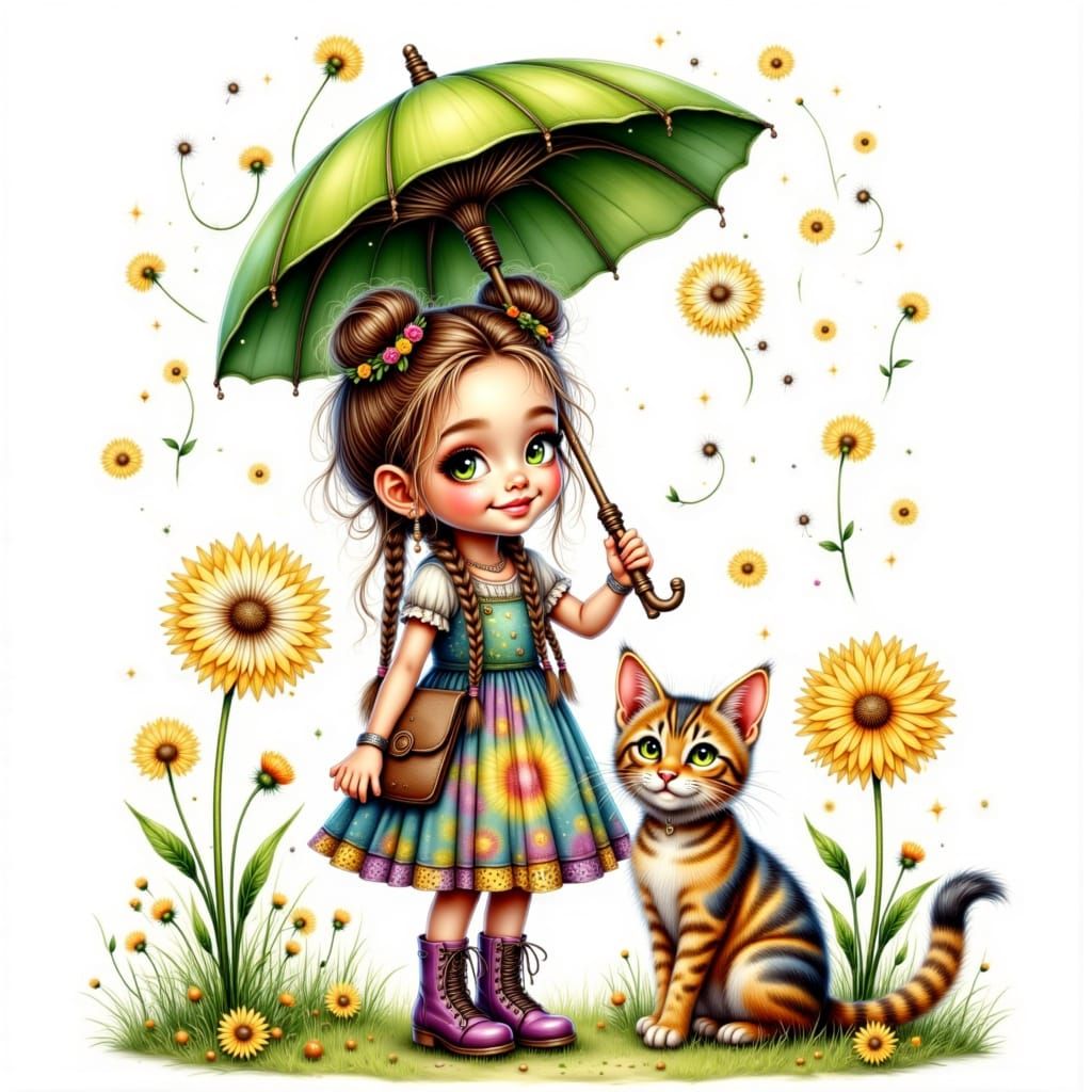 Girl with Dandelion Umbrella in Watercolor Style