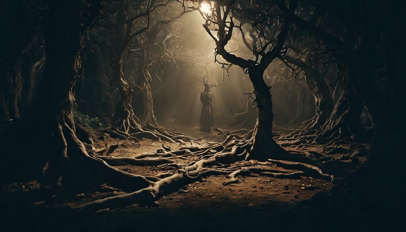 Ominous Figure in Dark Surrealist Forest